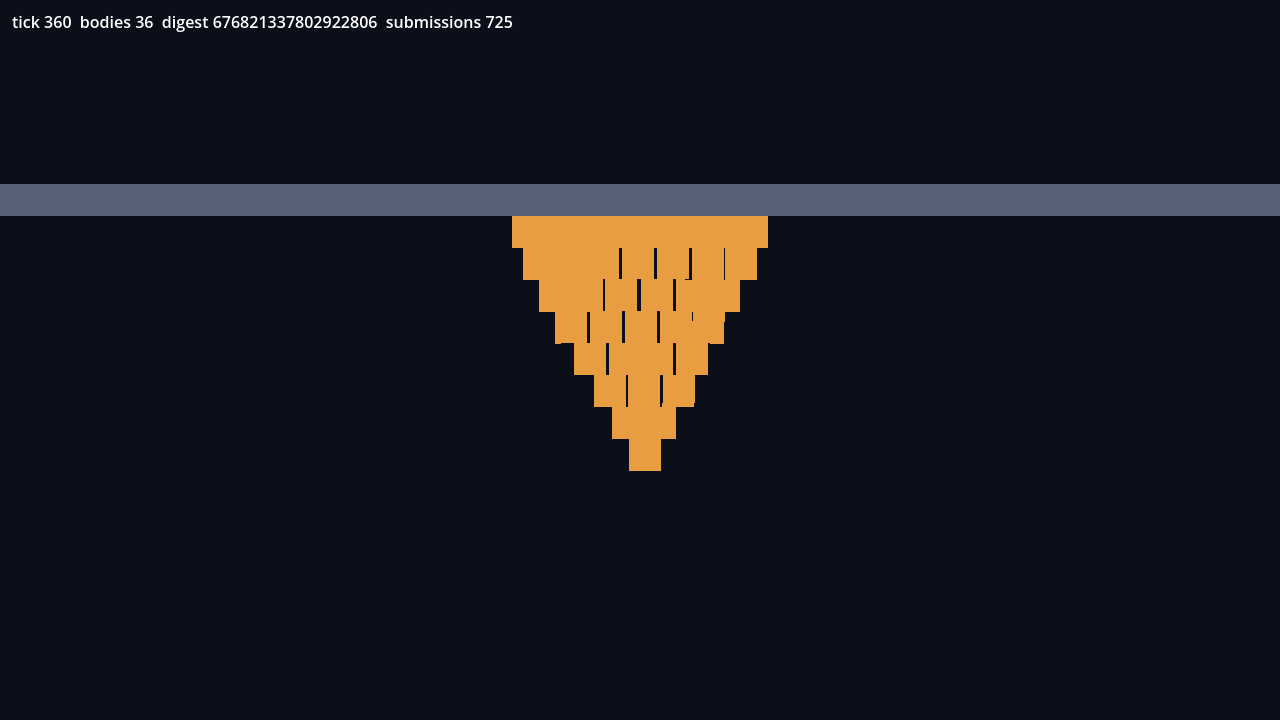 RL-2 windowed evidence, from its recorded run: the pyramid_stack preset rendering through the Box2D-linked native image